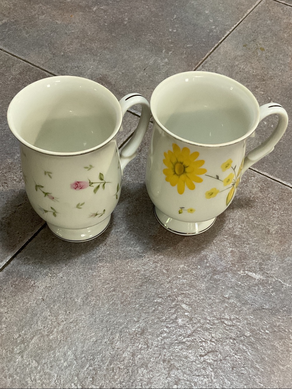 Floral Porcelain Mugs in White with Pink & Yellow Accents